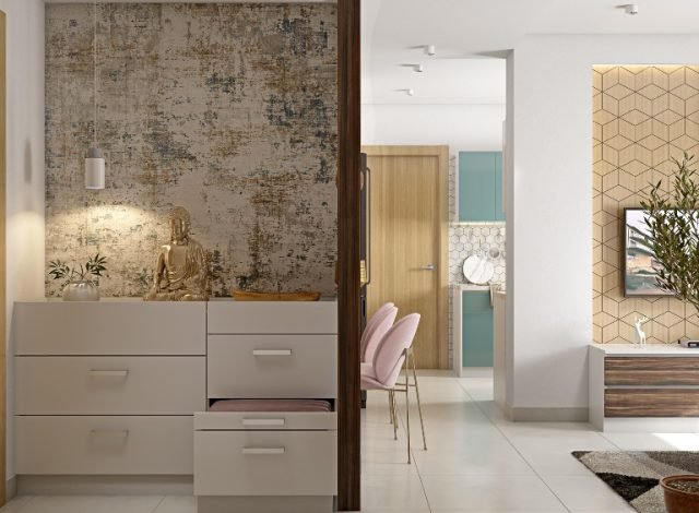 1bhk-home-foyer-unit-with-textured-wallpaper-and-side-cabinet-with-drawers-for-storage