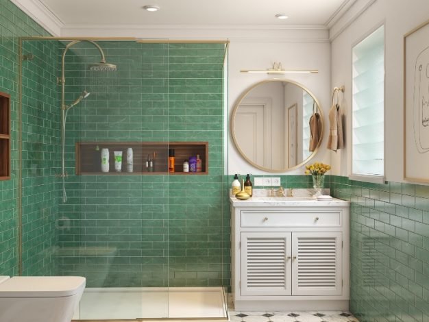 3bhk-bathroom-design-with-green-wall-cladding