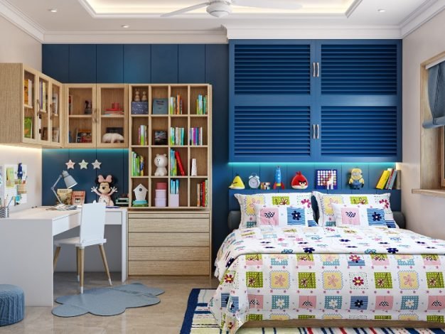 kids-bedroom-with-l-shaped-study-desk-in-3bhk-home