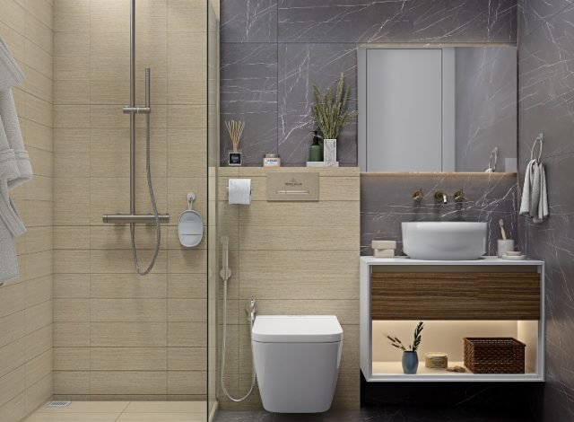 small-bathroom-design-with-wood-finished-floating-vanity-unit-in-modern-2bhk-home